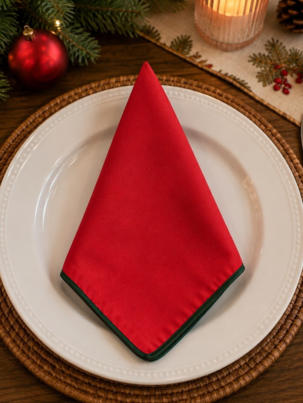 Vintage Set of 8 Red Cloth Napkins with Green Trim Christmas Holiday Table Linen